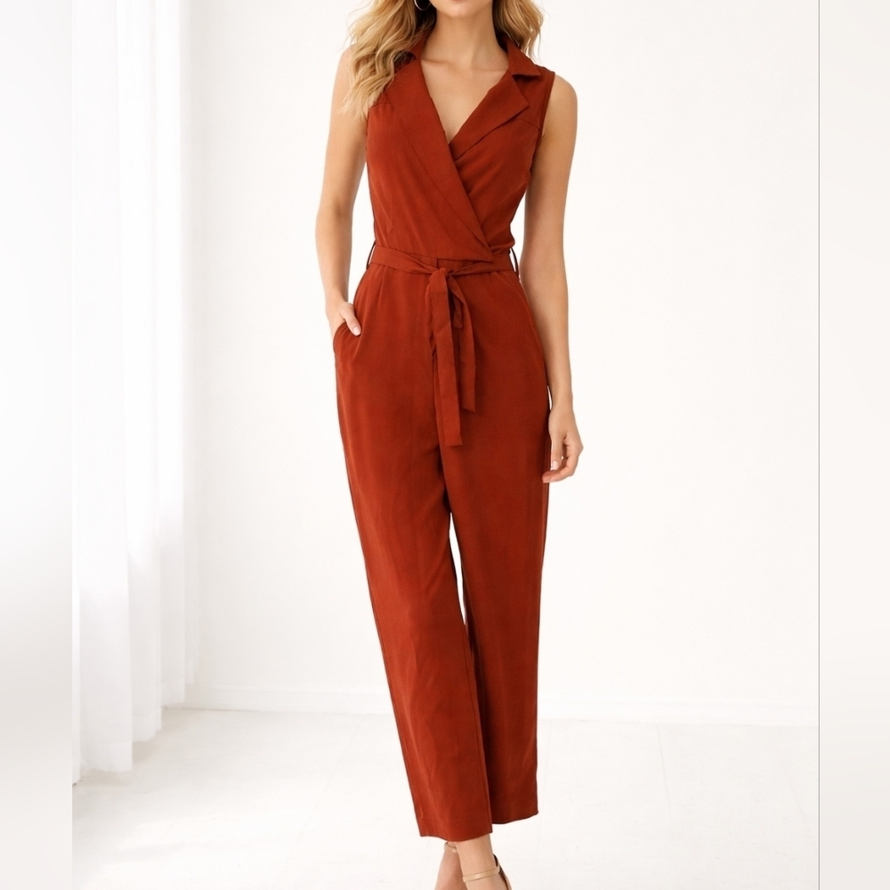 MIAMI Mauve Sleeveless V-Neck Surplice Wide Leg Tie Waist High Waist Jumpsuit